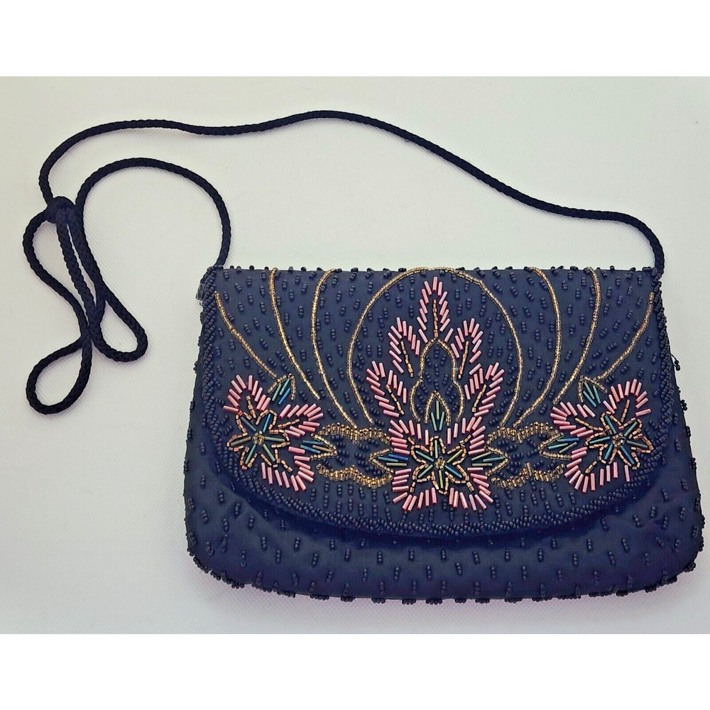 Purse/Clutch-Black-Beaded-Burgundy-Gold-Adjustable Strap-Evening Bag-Small